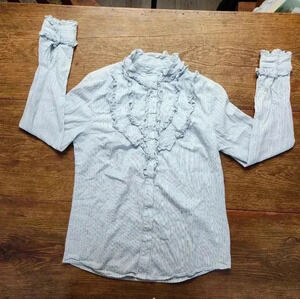 Thre3 Modest women's Blue Striped Long Sleeve Ruffled Blouse Victorian